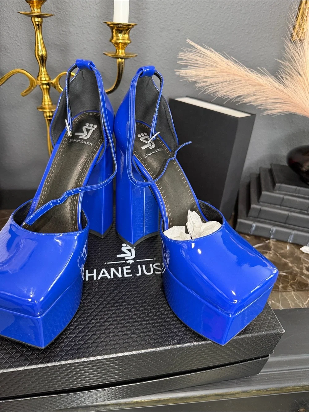 Shane Jones Cobalt Patent Platform Pumps with Ankle Tie